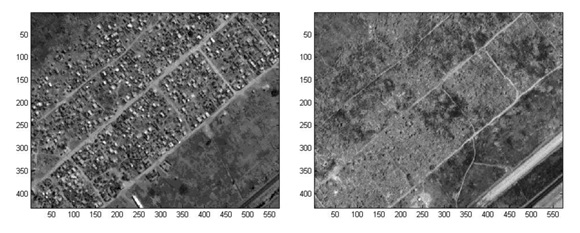 Figure 1: left ‘Before’ Panchromatic image 06-25-2000 showing dwellings, Right ‘After’ 09-15-2006 Porta-Farm, Zimbabwe Land Clearance homes removed July 2005, ©GeoEye Foundation.