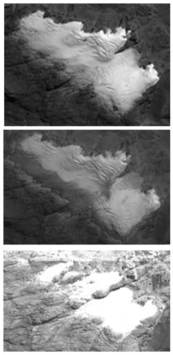 Figure 3: Northwall Firn, Puncak Jaya, top 2000, middle 2002, bottom 2016, © Pleiades.